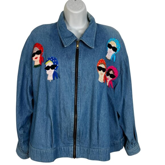 Vintage Denim Zip Up with Lady Appliqué CC Sportswear 80s Pin-Up 50s Retro Large - Picture 1 of 15